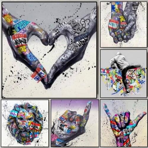 Artistic Graffiti Gesture Pictures Graffiti Love Heart-shaped Canvas Poster Painting Family Living Room Wall Decoration
