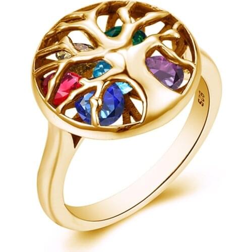 18K Gold Color Custom Ring Personalized Unique Real 925 Sterling Silver Tree Of Life Gemstone Trendy Fine jewelry Christmas Gift