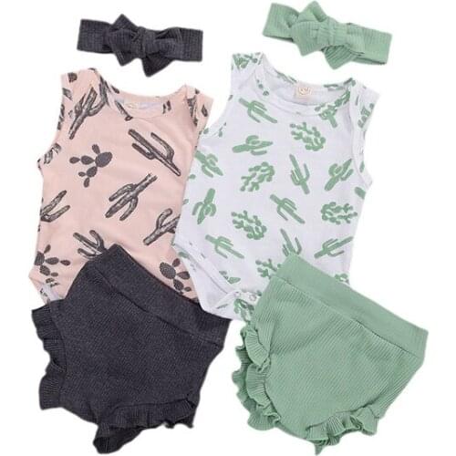 0-18M Toddler Baby Boys Girls Summer Clothes Newborn Infant Kids Boys Cactus Print Rompers Tops+Knitted Shorts+Headband Outfits