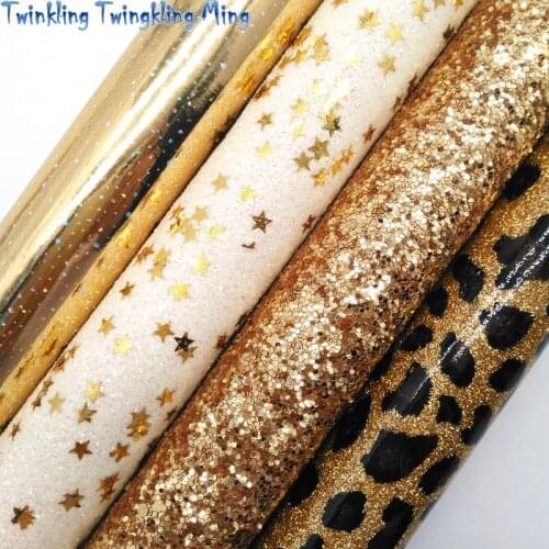 Twinkling Twinkling Ming Gold Stars Chunky Glitter Leather Smooth Leopard Glitter Synthetic Faux Leather Fabric 21X29CM KM528