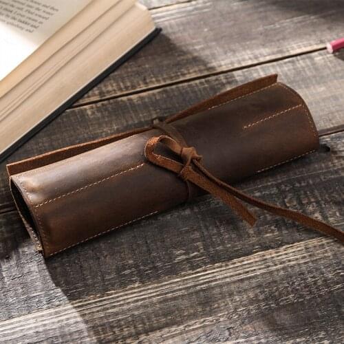Retro Crazy Horse Cowhide Multifunctional Pen Pouch Leather Pencil Case