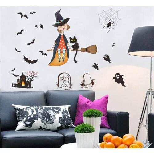 Cartoon Witch Bats Tomb Ghost Spider Halloween Wall Stickers For Kids Room Home Decoration Festival Window Decals Pvc Wall Art