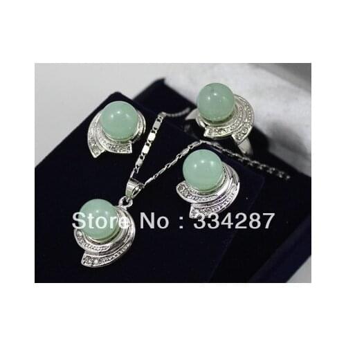 Latest 10mm light green jade bead earring pendant ring(#7,8,9 ) set