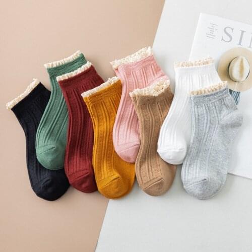 New Ladys Double Needle Lace Woman Socks Cotton Japanese Style Preppy Vintage Kawaii Pink Socks Women Solid Color Calcetines
