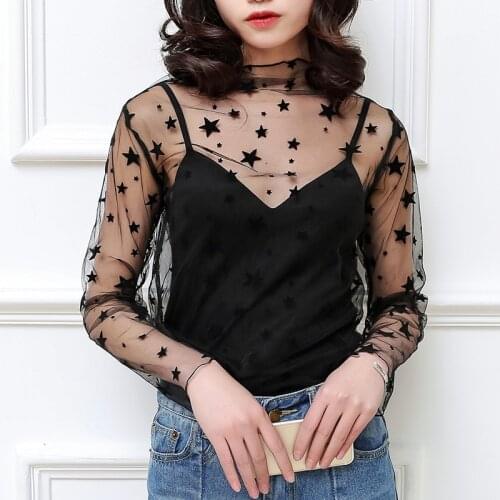 New Women Cute Net Yarn Sexy Lace Shirts Hollow Out Style Females Turtleneck Mesh Perspective Shirt See Through Net Shirt F0170