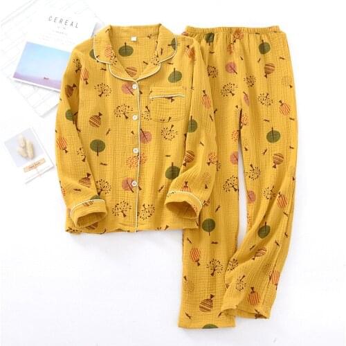 Spring and Autumn New Ladies Pajamas Set Cartoon Tree Printed Comfort Gauze Cotton Full Length Sleepwear Thin Loose Homeweear