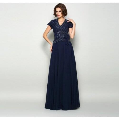 Navy Blue Mother Of The Bride Dresses A-line V-neck Short Sleeves Chiffon Beaded Plus Size Groom Mother Dresses For Weddings