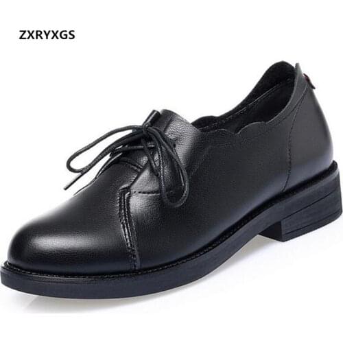 New British Style Lace-up Round Toe Ladies Shoes Genuine Leather Shoes Womens Shoes Comfortable Soft Sole Non-slip Thick Heels