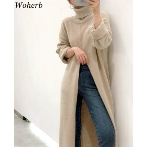 Woherb Turtleneck Long Pullover Sweater Korean Split Side Knitted Tops Autumn Winter 2021 Causal All Match Jumper Pull Femme