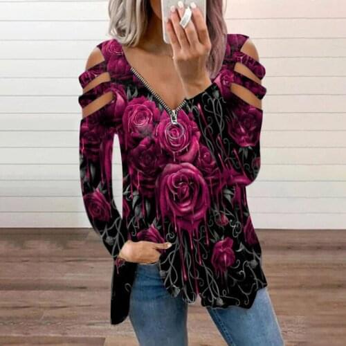 Fashion Hollow Out Long Sleeve T-Shirt Women Popular Rose Print Tee V-Neck Zippers Tops Autumn Casual Lady Pullover T-Shirts