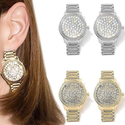Women Rhinestone Watch Shape Oval Luxury Crystal Watch Stud Earrings Unique Design Punk Statement Earrings Jewelry Gift