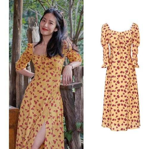 Red Rose Print Yellow Dress for Women Boho 2021 Summer Dress Beach Holiday Puff Sleeve Sexy High Side Slit Midi Dress Vestidos
