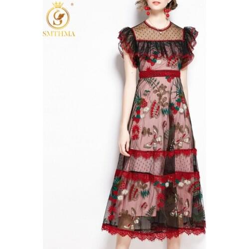 SMTHMA Vintage Elegant Embroidery Lace Patchwork Ruffle Summer Dress For Women Fashion Summer New Clothing 2021