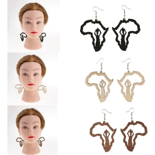 3 Pairs Stylish Large Africa Map Earrings Natural Wood Stud Afro Girls Gifts