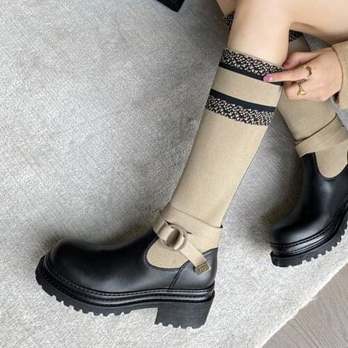 5.5cm high heel thick bottom buckle straps round toe chic platform slip on rhinestone stretch sock knee-high boot LDI32 MUYISEXI