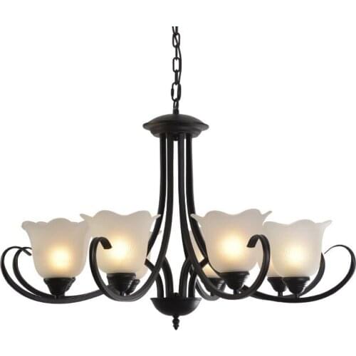 American Vintage Chandelier Flower Glass Shade Black Iron Body Retro hotel Ceiling lights bedroom living room chandelier D37