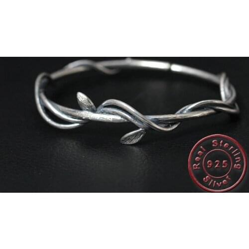 Amxiu Vintage Antique Silver Jewelry Leaves Branch Bangle Handmade Open Bangles For Women Mothers Gift Hand Accessories Bijoux