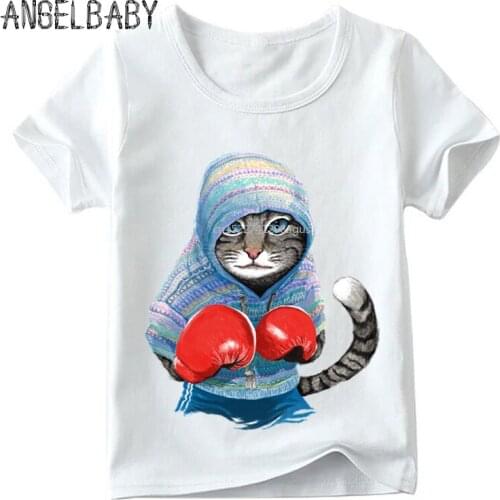 Children Super Cool Boxing Cat Attack Print T shirt Baby Boys/Girls Short Sleeve Summer Tops Kids Great Casual Clothes,ooo5043