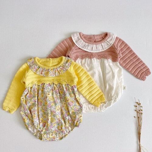 Pastoral Style Baby Girl Autumn Clothes Sweet Floral Print Ruffle Romper Kids Cotton Knitted Sweater Autumn Outfit for Girls New