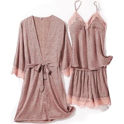 3 Three Pieces PJS Sets Women Pajamas Sleep Suit Summer Lace Nightwear Perspective Sleepwear Satin Kimono Robe Casual Lingerie