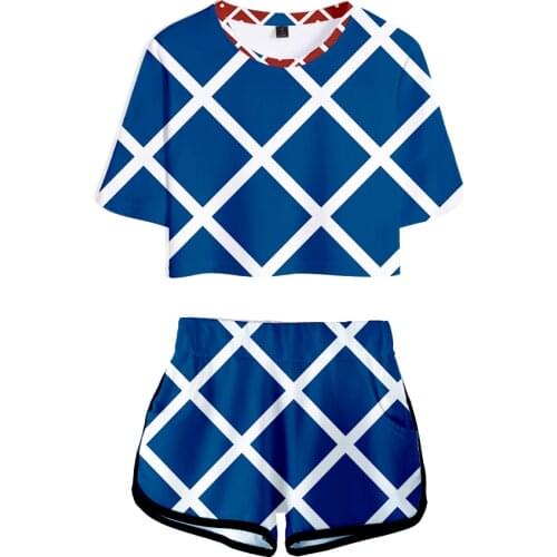 3D Blue and white plaid JOJOs fantastic adventure character suit Exposed Navel T shirt+shorts womens/girls 3D JOJO two-piece