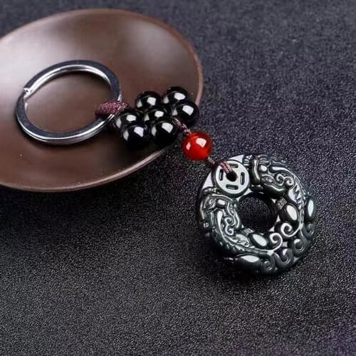 Natural Obsidian Round Key Chain Ring Chinese Style Glossy Safety Button Car Hanging Keychain With Flowers Beads brelok Jewelry