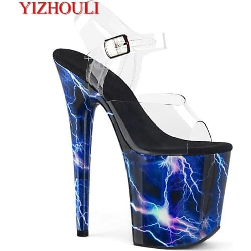 8 "summer heels, 20 cm lightning pattern wrapped soles, transparent vamp pole dancing, party nightclub sandals