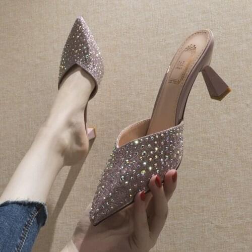 Elegant Low Heel Women Mules Summer Sexy Pointed-Toe Ladies Slippers Slip on Leisure Ladies Office Shoes Beige Pumps Female