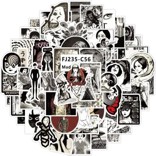 10/56Pcs Thriller Horror Comic Japan Anime Fujiang Stickers Black and White for Snowboard Laptop Luggage Fridge Graffiti Sticker