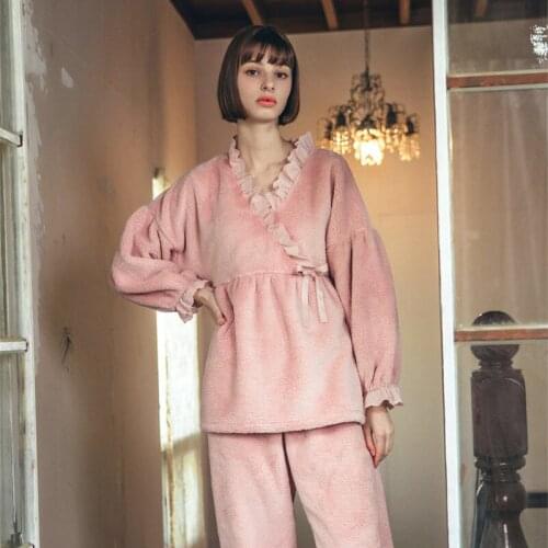 New Coral Velvet Thick Warm Pajamas Set Women Autumn Winter Long Sleeve Sleepwear Home Suit Tops And Pants Leisure Loungewear