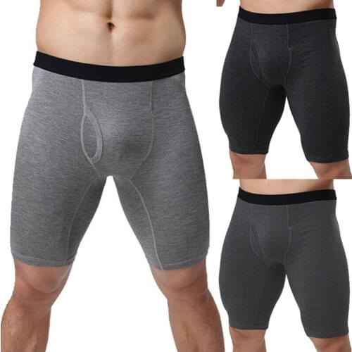3 Colors Newest Arrival Men Underwear Solid Cotton Boxers Shorts Mid-Waist Convex Pouch Long Leg Pants M-2XL