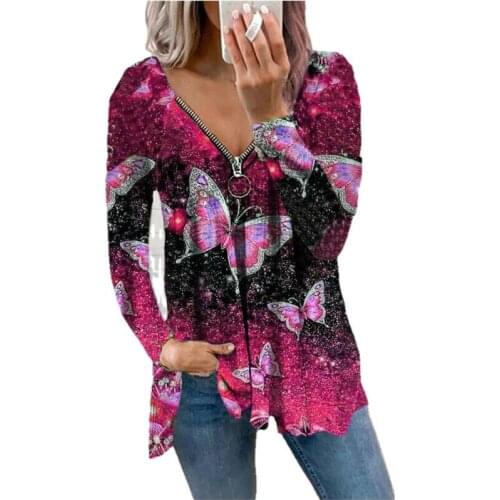 Autumn Women Butterfly Printed Street Hipster Zipper T Shirt Casual Loose V-neck Long Sleeve Irregular Tee Tops Plus Size