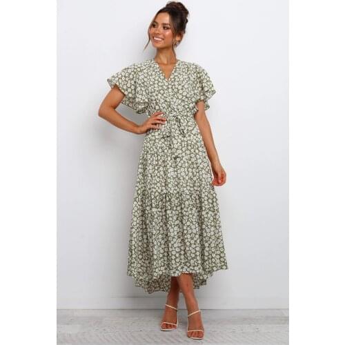 Womens High Waist A-line Vintage Dress Summer Polka Dot Floral Pattern Short Sleeve Dress Fashion Party Dresses with Sashes