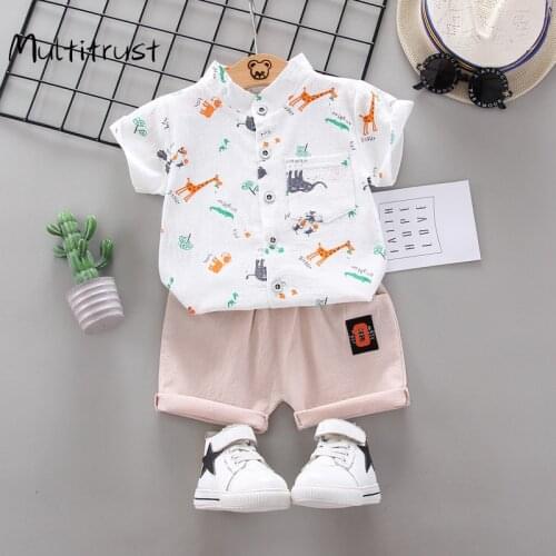 Casual Kids Clothes 2 Piece Set Clothing Cartoon Giraffe Elephant T-shirt + Shorts Clothing Boys Tracksuit Children Baby Clothes