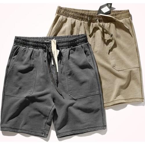 2021 Summer New Casual Shorts Mens Loose Straight Retro Wash Pure Cotton High Gram Knitting Terry Drawstring Sports Shorts