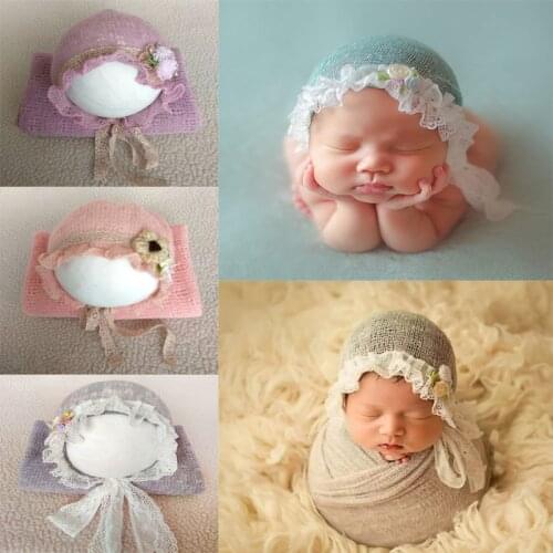 Newborn Knitted Stretch Wrap+Hat Set Crochet Blanket Bonnet Baby Photography Props Infants Photo Shooting Accessories