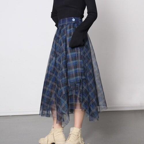 2021 summer new fashion temperament high waist Blue Plaid mesh sexy skirt