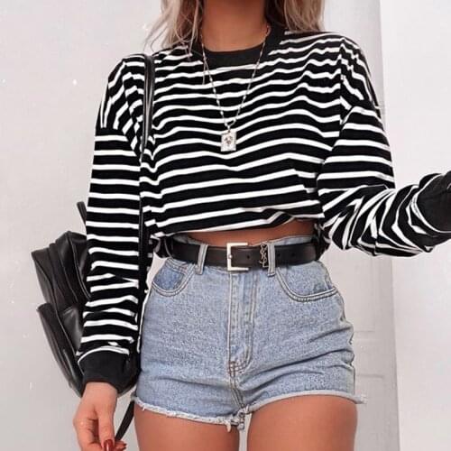 Women Long Sleeve Crop Tops Summer Girls Stripe O-Neck Pullover T-Shirts Loose Casual Jumper Clothing 2020 New Fashion