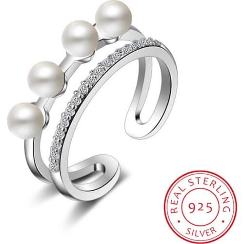 Female Double Pearl Ring for Dating Simple Temperament Combination Suit Silver 925 Jewelry 2 colors Wholesale Gift