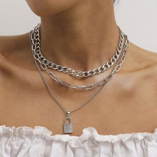 Punk Multilayer Thick Chain Necklace Rhinestone Zircon Lock Pendant Necklace Women Exaggerated Geometric Necklaces Jewelry