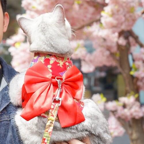 Dog Pet Vest Harness Kimono Japanese Style Cherry blossoms Breathable Dring Leash Set Butterfly Bow Dog Apparel Outfit S M L