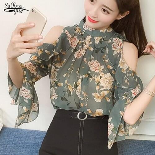 2021 Summer Short-Sleeve Chiffon Shirt Women Casual Floral Pullover Blouse Women Print Green Pink Lady Off Shoulder Tops 9374 50