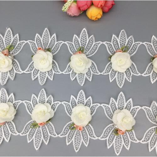 20x French lace Fabric Pearl 3D Rose Flower Lace Trim Voile Embroidered Ribbon Patches Wedding Dress DIY Sewing Craft 7.5CM