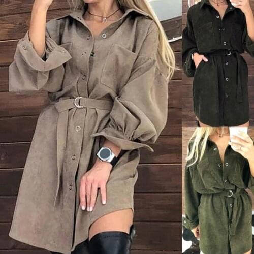 80% HOT SALES！！！Women Long Puff Sleeve Turn Down Collar Button Belt Corduroy Mini Shirt Dress