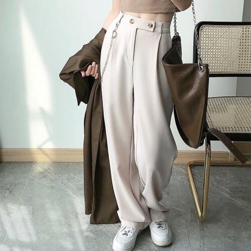 Korean Fashion Straight Pants For Women High Waist Chain Loose Suits Pants Casual Black Solid Wide Leg Trousers P157