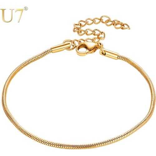 U7 316L Stainless Steel Snake Chain 1.5mm Thin Slim Chain Bracelet for Women Men with Lobster Claw Clasp Extender Chain H1089