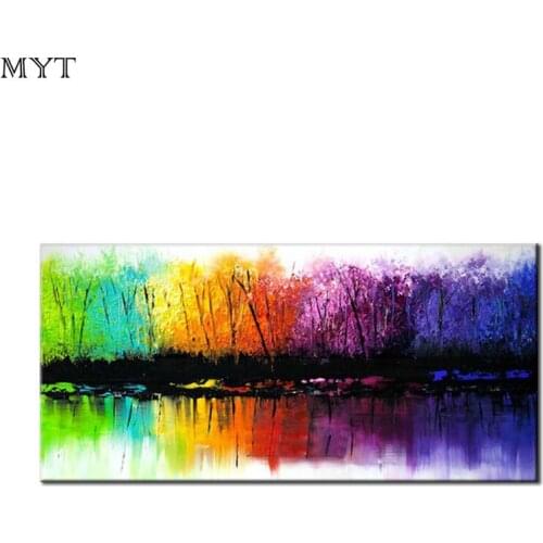 Artist Hand-painted Modern Abstract Riverside colored trees and reflection Canvas Oil Painting for Living Room Decoration