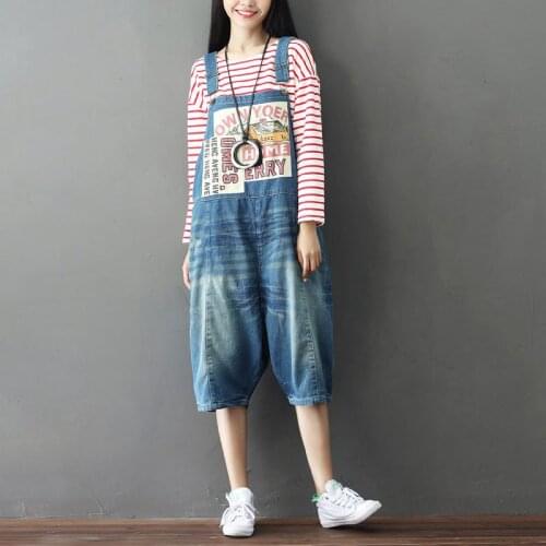 Summer Women Big Crotch Denim Jumpsuits Wide Leg Baggy Washed Bleached Patchwork patch Rompers Hip-Hop bib Overalls Jeans YT004