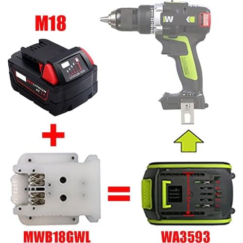 MWB18GWL Lithium Battery Adapter Converter Use Milwaukee 18V Li-ion Battery M18 On Worx Green Large Foot Tool