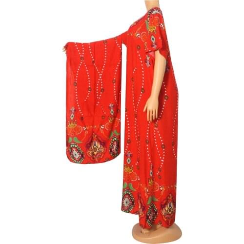 Red Short Sleeve Chic Floral Dress Women Spring O Neck Loose Boho High Waist Long Maxi Dresses with Scarf